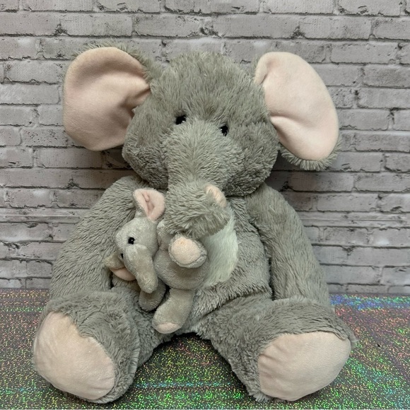 HUG FUN 20" ELEPHANT and BABY Hugging Stuffed Animal Plush Gray Pink Floppy Ears - Picture 1 of 14